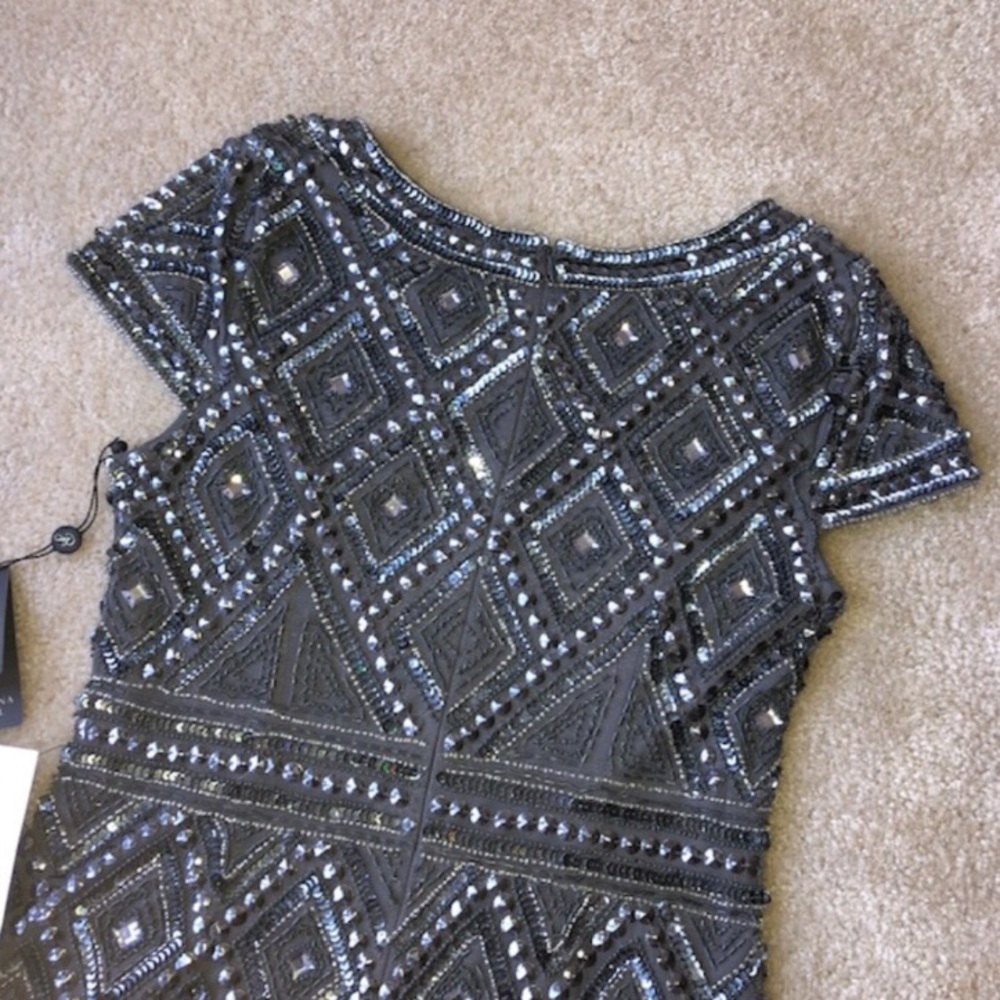 “Adrianna Papell” Cap Sleeve Geo Bead Sheath Dress - Picture 6 of 7